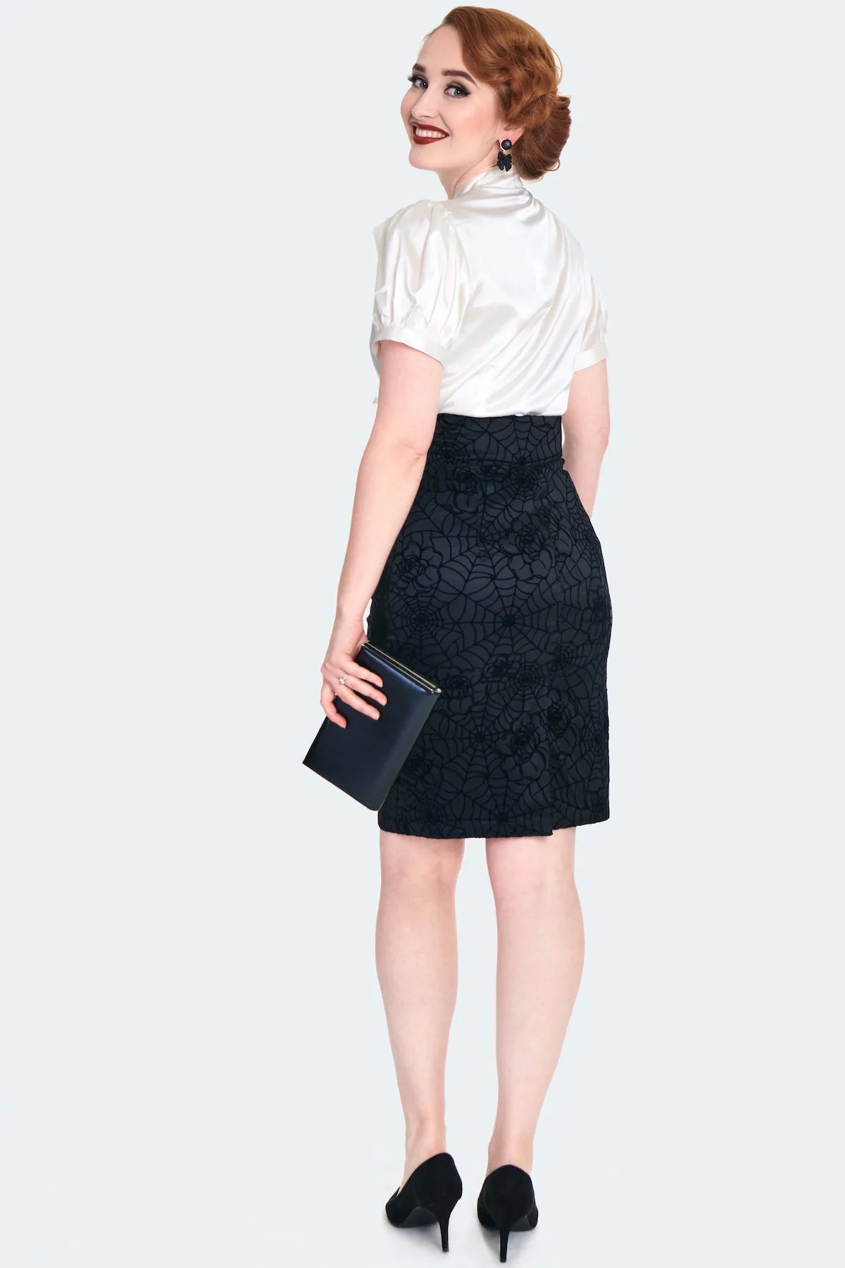 Flocked Floral Spiderweb Pencil Skirt by Voodoo Vixen