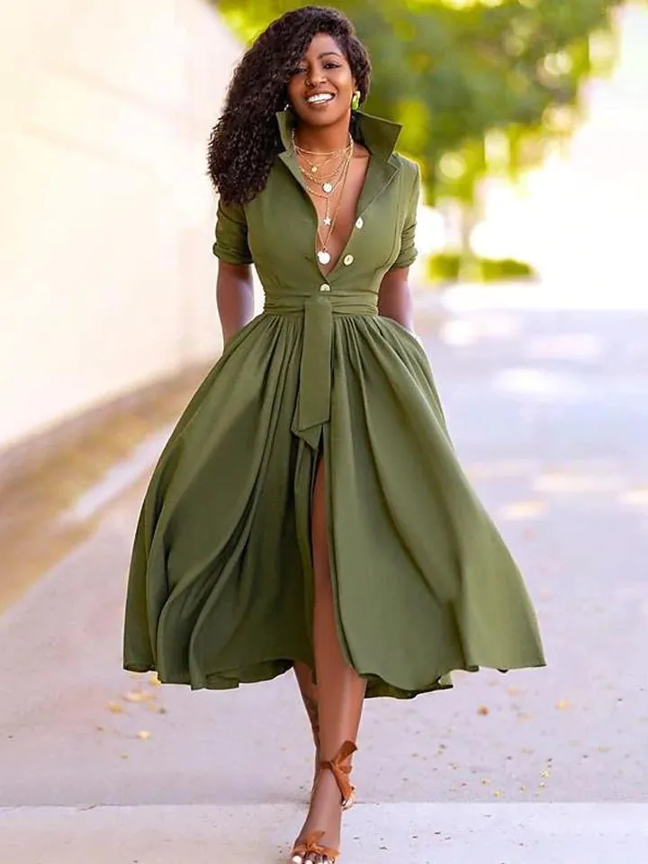 Flytonn-Graduation Gift Back to School Season Summer Vacation Dress Spring Outfit Women's A-Line Dress Midi Dress - Half Sleeve Split Summer Fall V Neck Hot Sexy Army Green Orange S M L XL