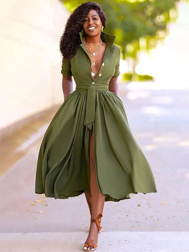 Flytonn-Graduation Gift Back to School Season Summer Vacation Dress Spring Outfit Women's A-Line Dress Midi Dress - Half Sleeve Split Summer Fall V Neck Hot Sexy Army Green Orange S M L XL