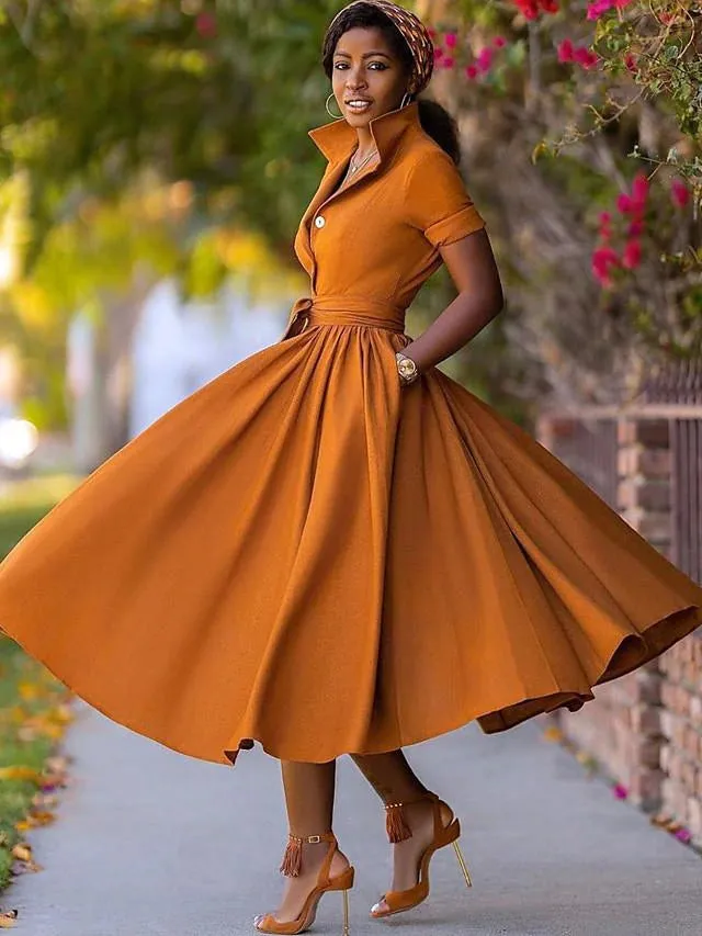 Flytonn-Graduation Gift Back to School Season Summer Vacation Dress Spring Outfit Women's A-Line Dress Midi Dress - Half Sleeve Split Summer Fall V Neck Hot Sexy Army Green Orange S M L XL