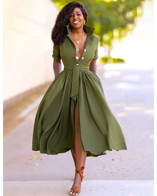 Flytonn-Graduation Gift Back to School Season Summer Vacation Dress Spring Outfit Women's A-Line Dress Midi Dress - Half Sleeve Split Summer Fall V Neck Hot Sexy Army Green Orange S M L XL