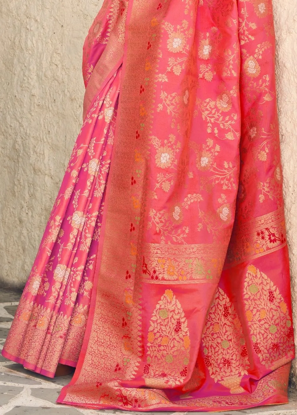 French Rose Pink Zari Woven Banarasi Silk Saree