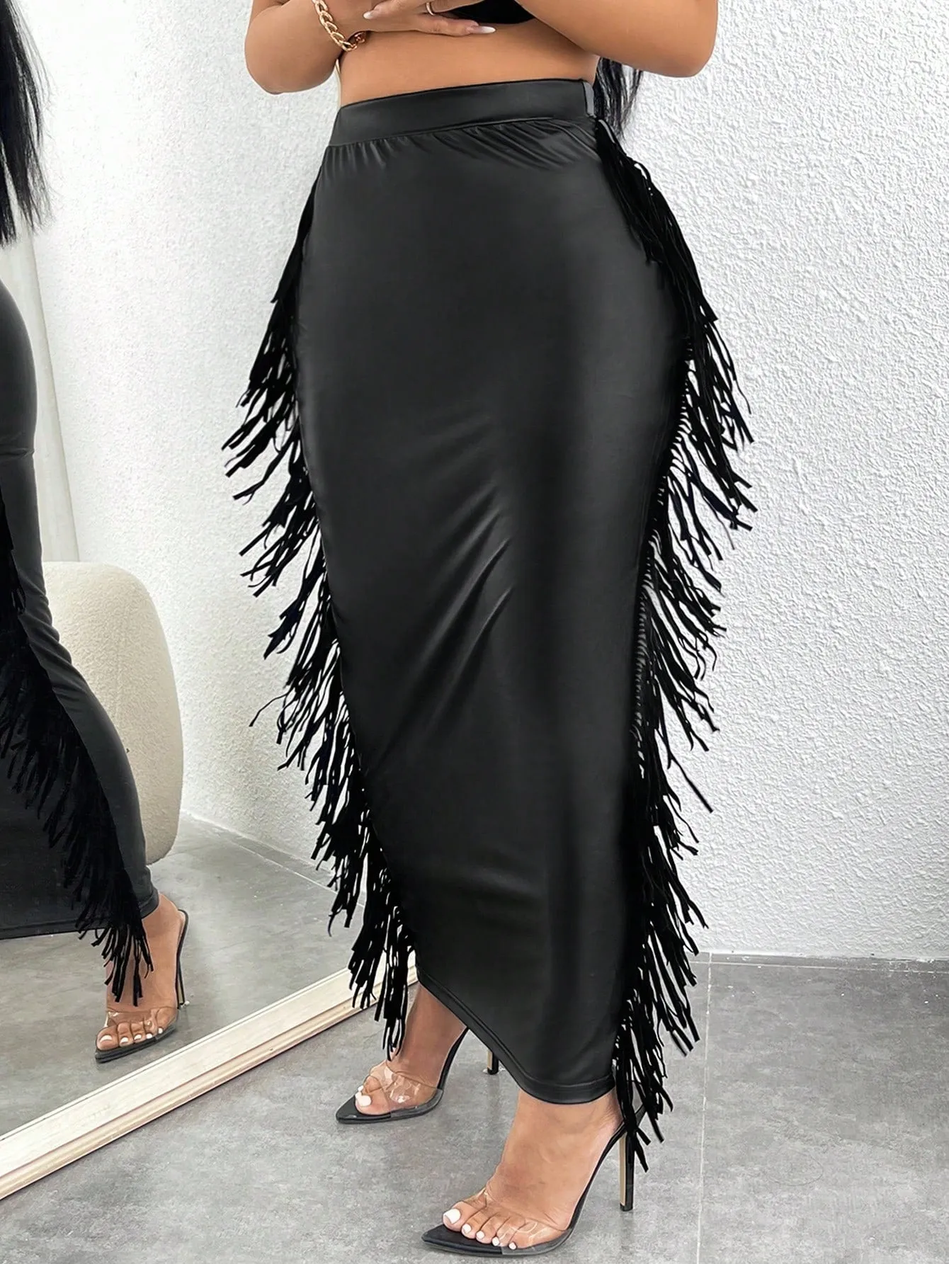 Fringe Trim PU Leather Pencil Skirt