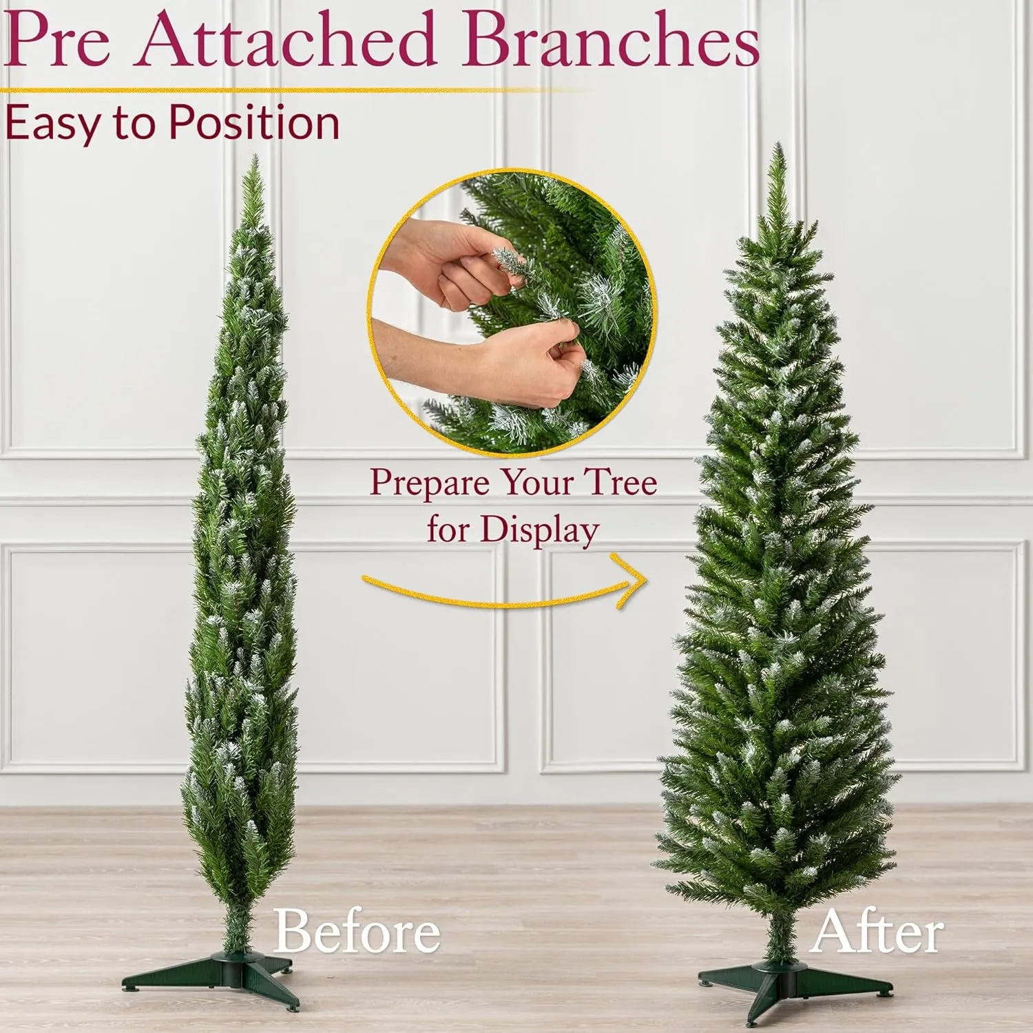 Frosted Pencil Christmas Tree 5ft, Artificial Slim Snowy Spruce, Indoor Home Xmas Decoration, Natural Looking Dual Tone PVC Needles, Easy Assembly with Stand (tree skirt not included)