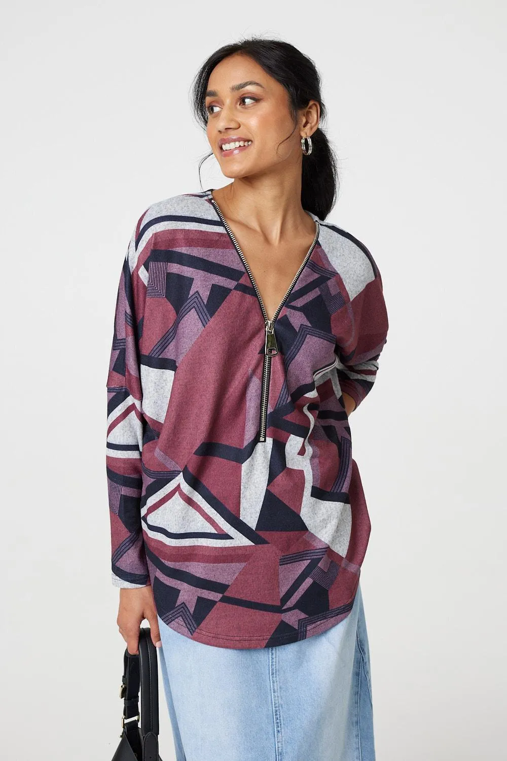 Geo Print Zip Front Relaxed Top