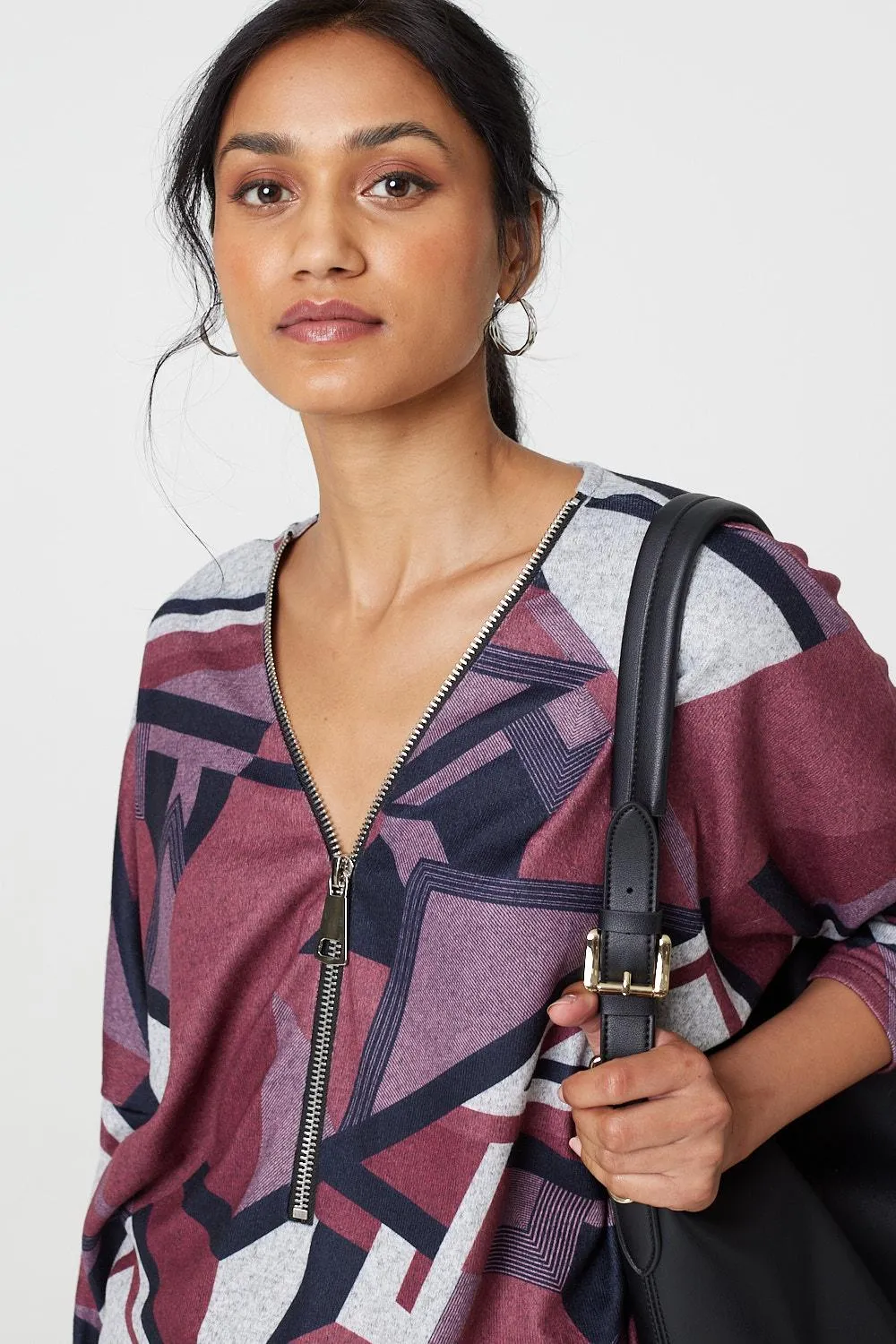 Geo Print Zip Front Relaxed Top