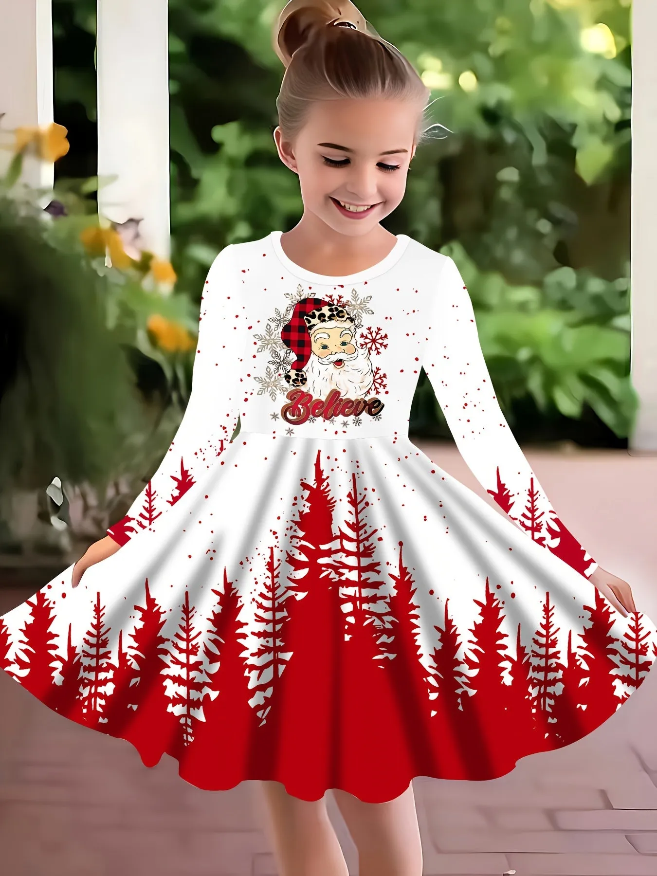 Girls' Casual Christmas Long Sleeve Dress - Jersey Fabric with Polyester and Elastane, Medium Stretch, 3D Digital Santa Print, Festive All-Season Knit Round Neck Dress for Children