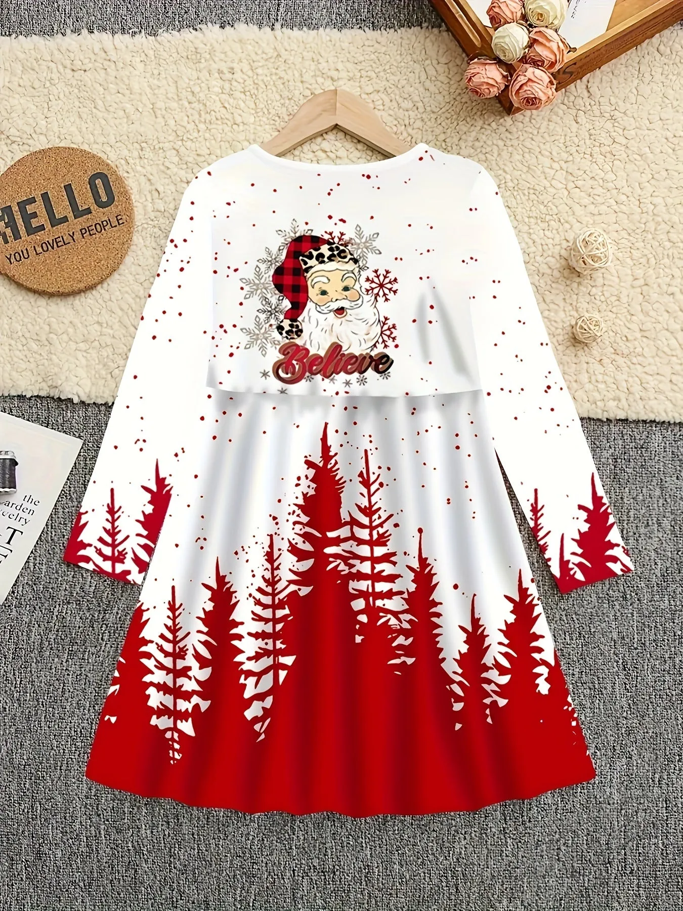 Girls' Casual Christmas Long Sleeve Dress - Jersey Fabric with Polyester and Elastane, Medium Stretch, 3D Digital Santa Print, Festive All-Season Knit Round Neck Dress for Children