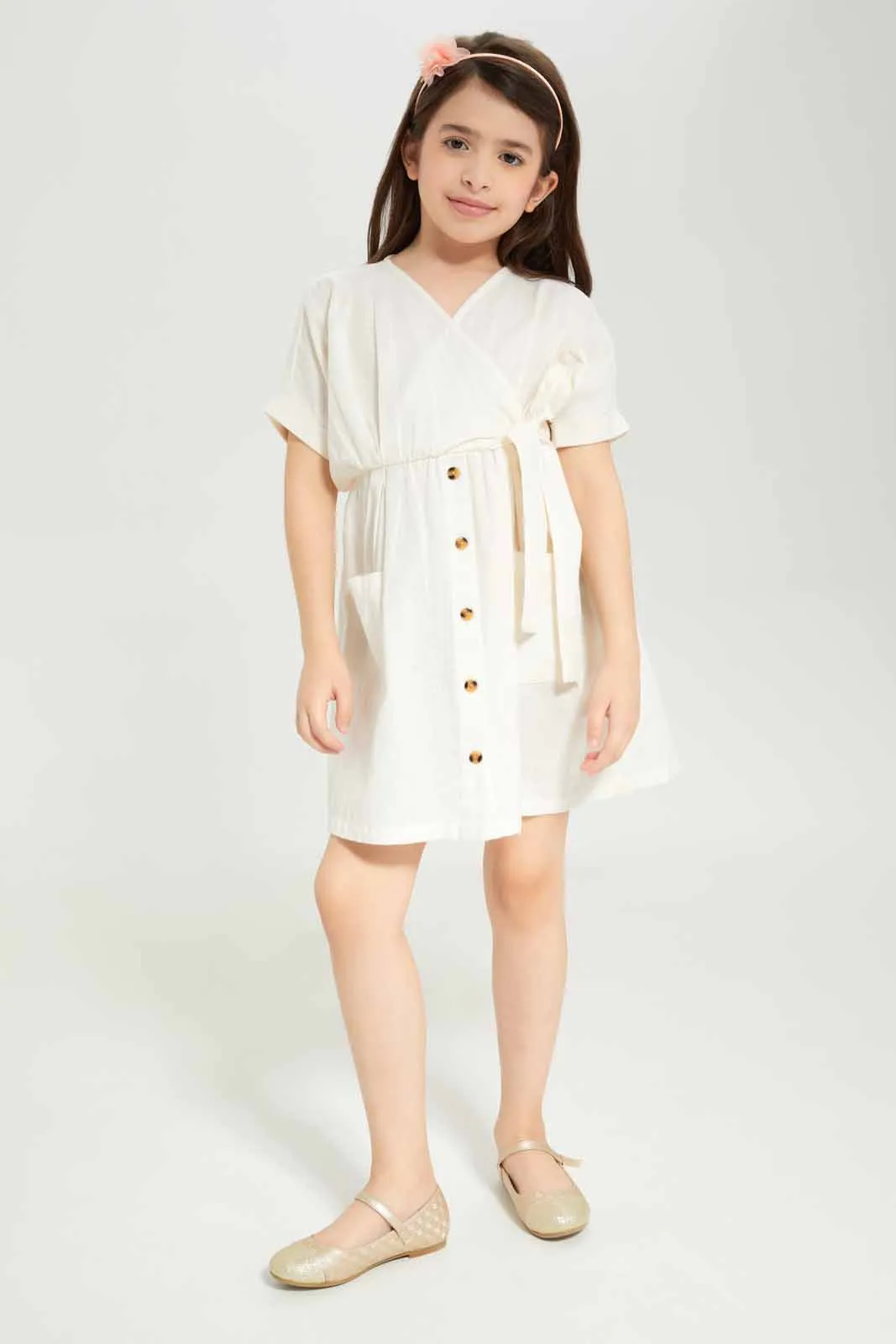 Girls Cream Wrap Dress