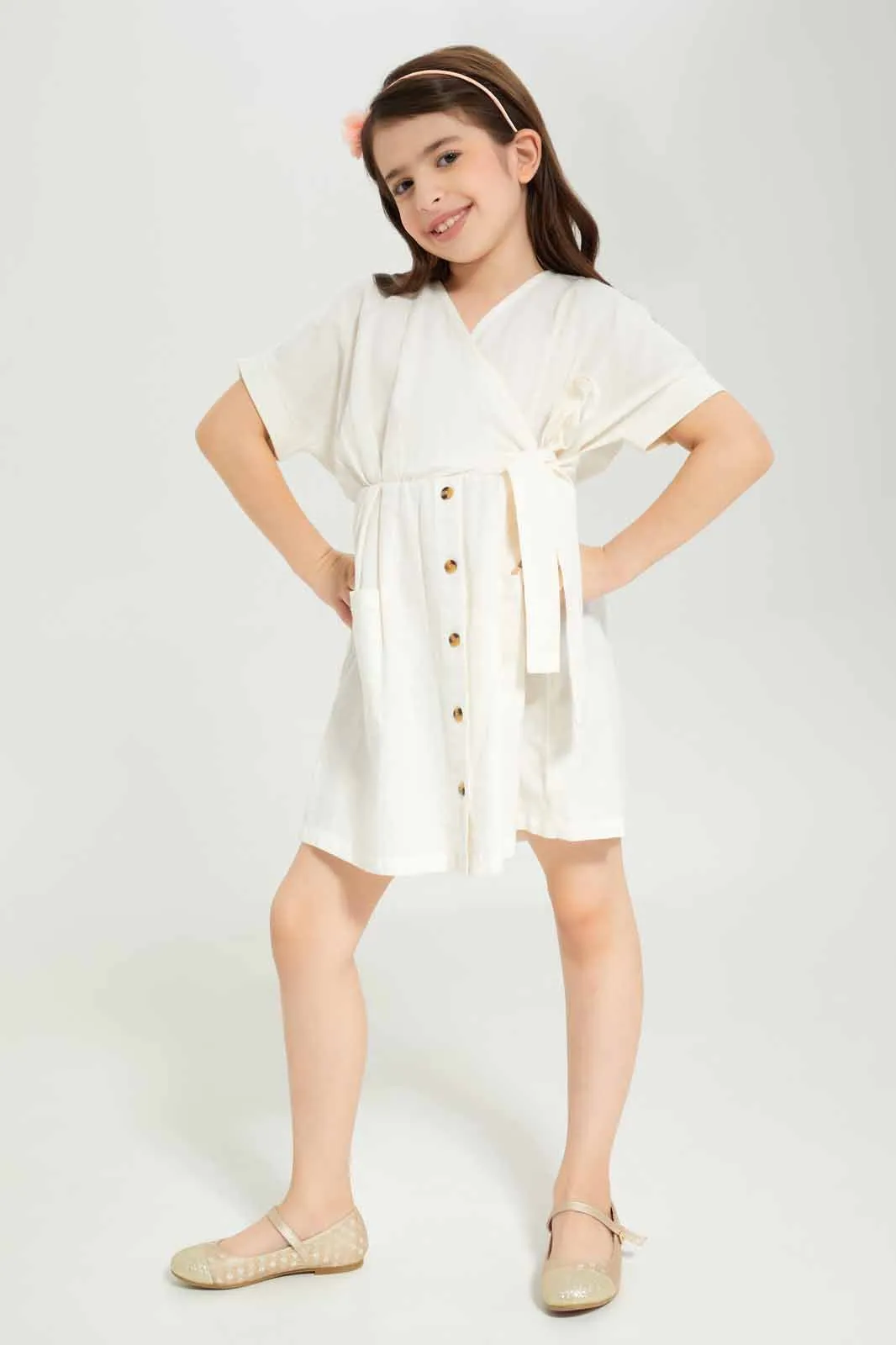 Girls Cream Wrap Dress