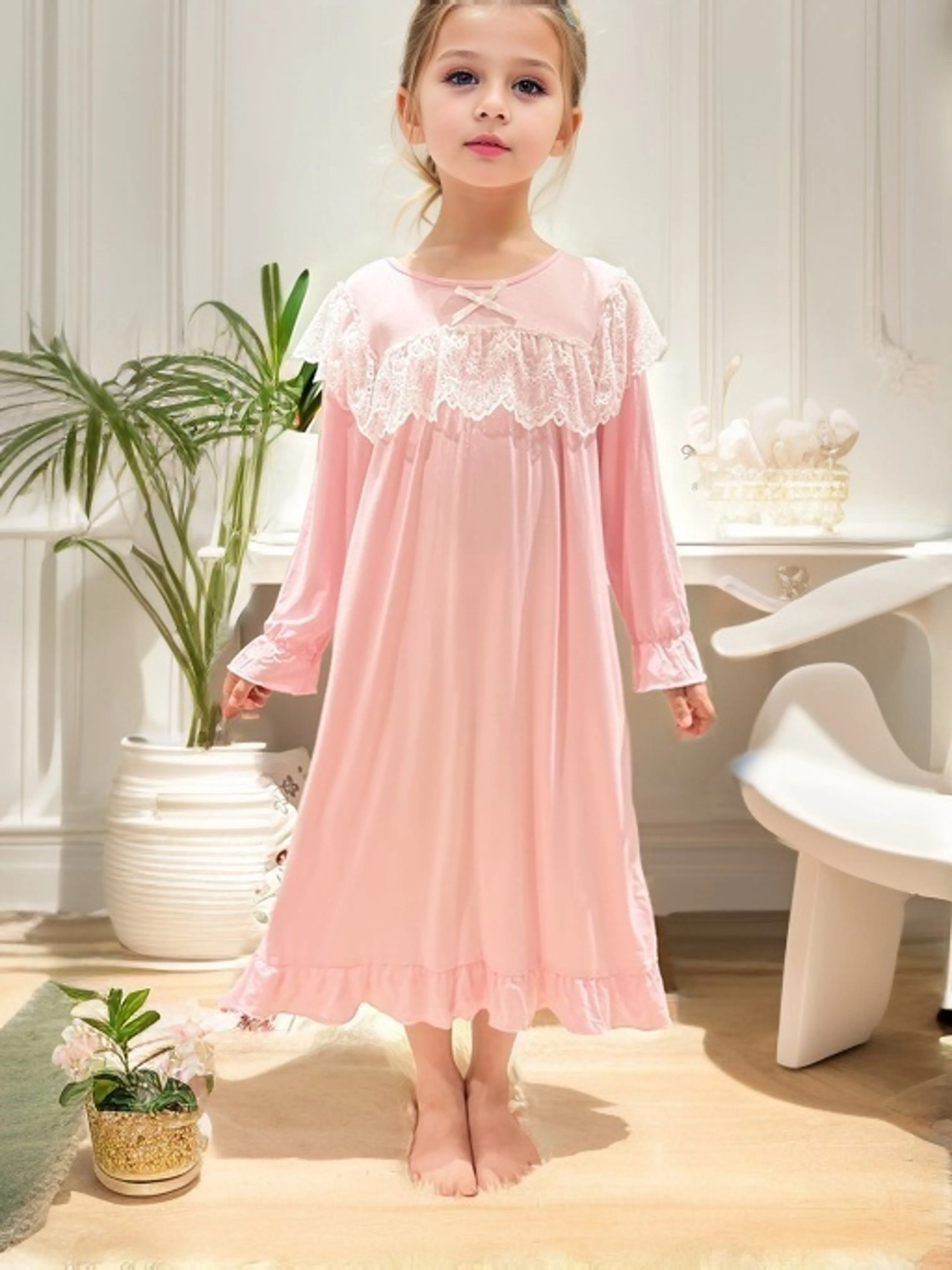 Girl's Elegant Lace Bow Decor Long Sleeve Round Neck Dress, Comfortable & Casual Princess Style Dress For Girl's Daily Wearing