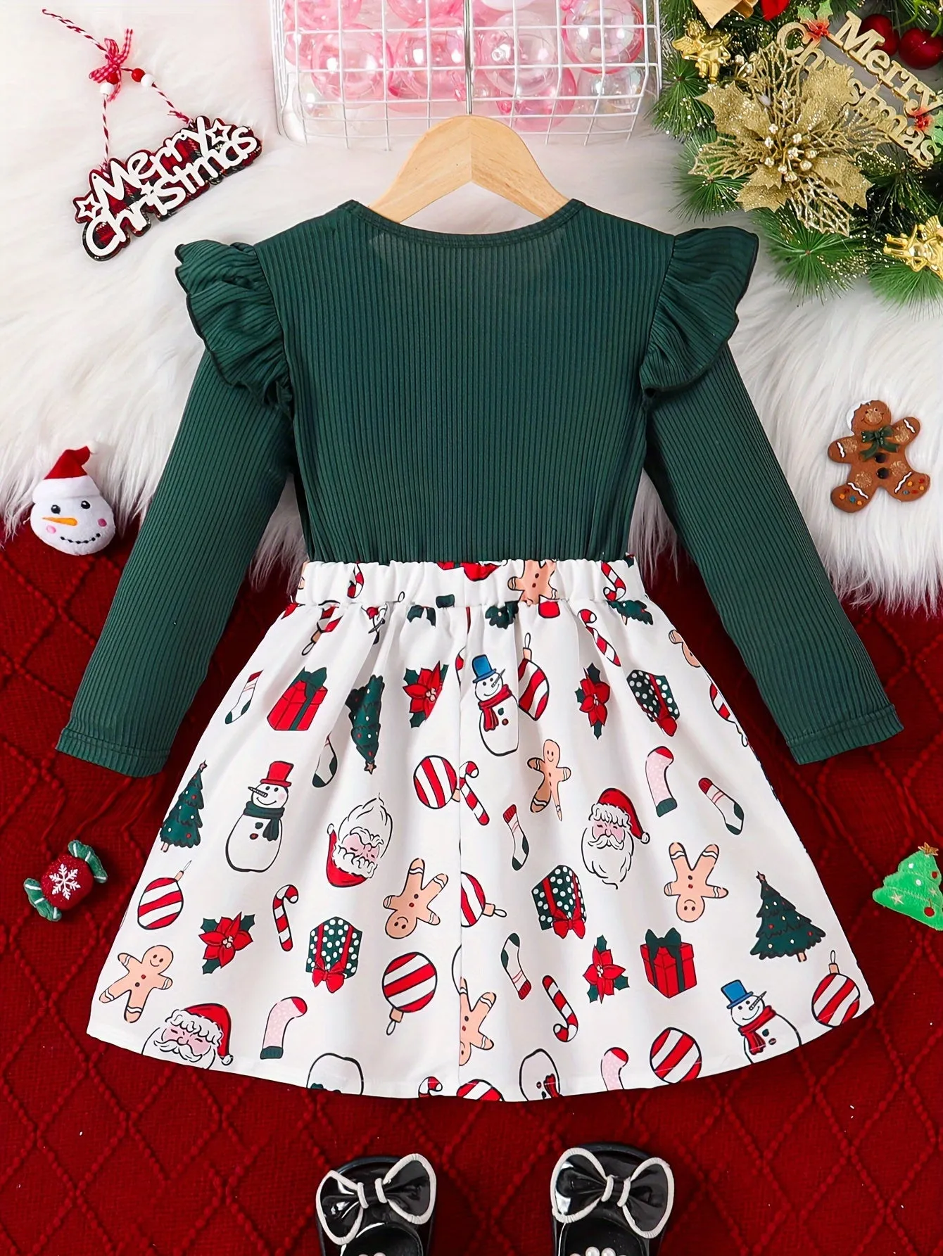 Girls' Festive Christmas Dress with Ruffle Trim & Bow - Snowman, Candy Cane & Tree Print - Perfect for Holiday Parties & Gifts, for Christmas, Autumn