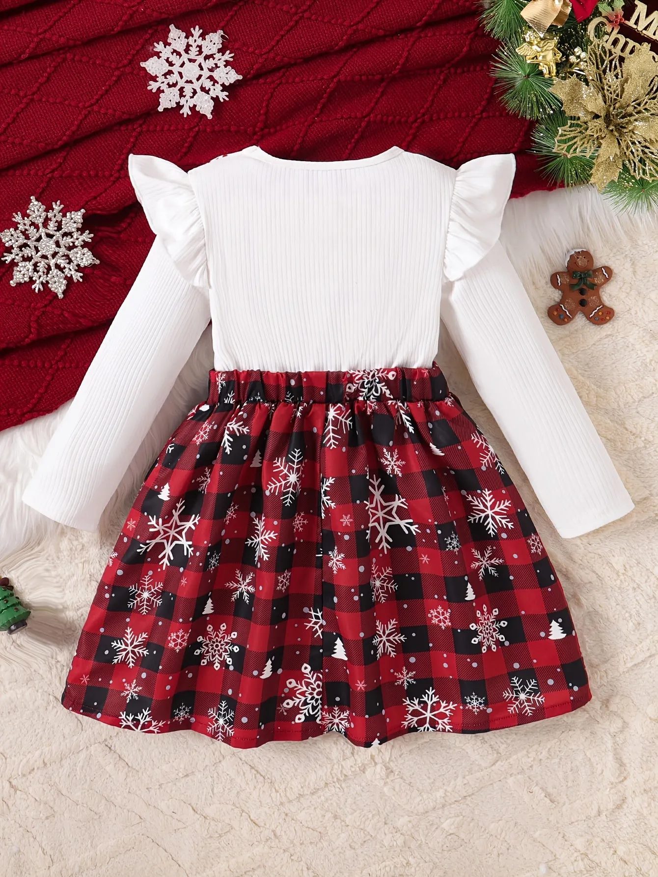 Girls' Festive Christmas Dress with Ruffle Trim & Bow - Snowman, Candy Cane & Tree Print - Perfect for Holiday Parties & Gifts, for Christmas, Autumn