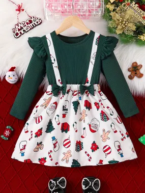 Girls' Festive Christmas Dress with Ruffle Trim & Bow - Snowman, Candy Cane & Tree Print - Perfect for Holiday Parties & Gifts, for Christmas, Autumn