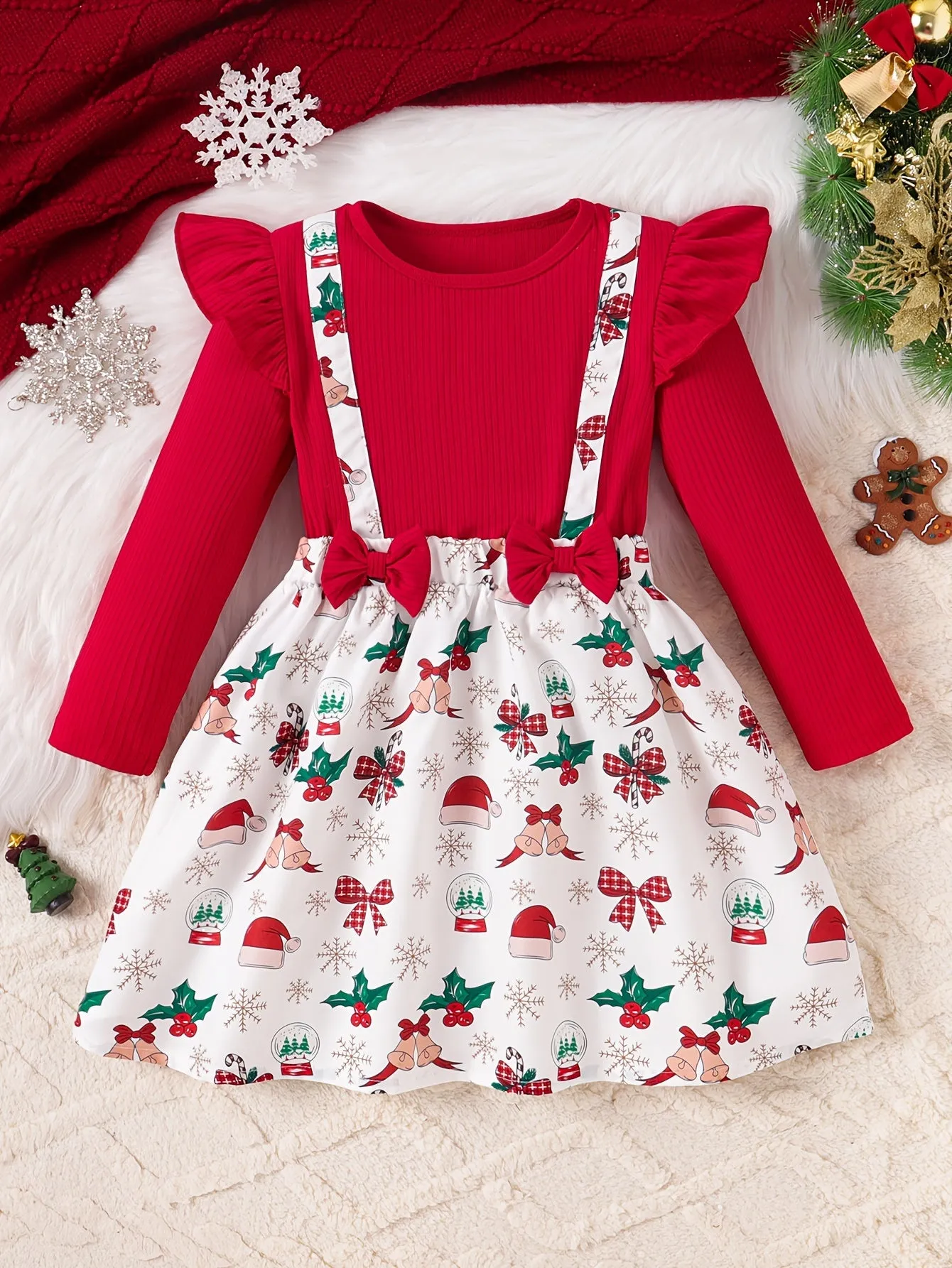 Girls' Festive Christmas Dress with Ruffle Trim & Bow - Snowman, Candy Cane & Tree Print - Perfect for Holiday Parties & Gifts, for Christmas, Autumn