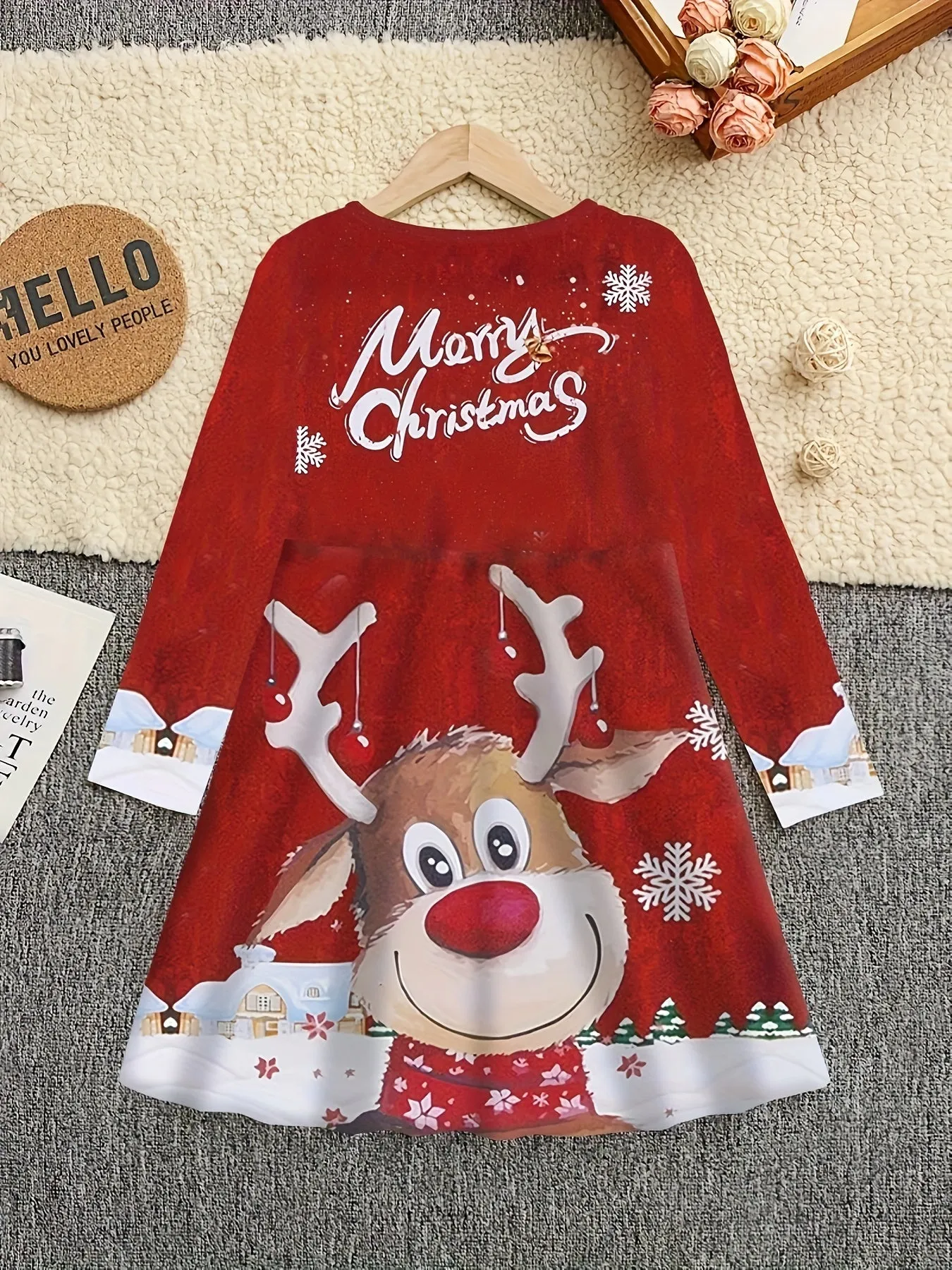 Girls' Festive Christmas Reindeer & Snowflake 3D Print Dress - Casual Elegance with Long Sleeves, Round Neck - Perfect for Spring/Summer/Fall