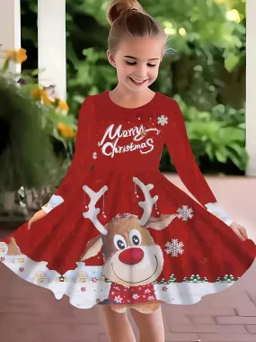 Girls' Festive Christmas Reindeer & Snowflake 3D Print Dress - Casual Elegance with Long Sleeves, Round Neck - Perfect for Spring/Summer/Fall