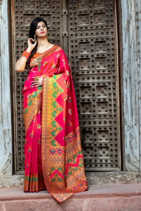 Glamourous Dark Pink Woven Silk Patola Fancy Saree