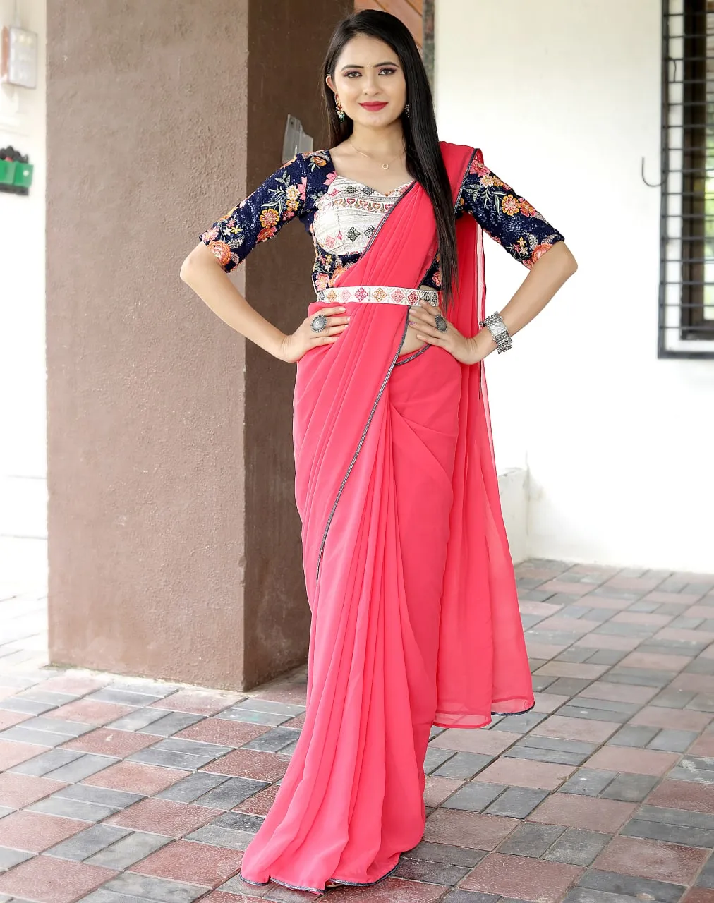 Glamourous Peach Color Saree With Stitched Blouse