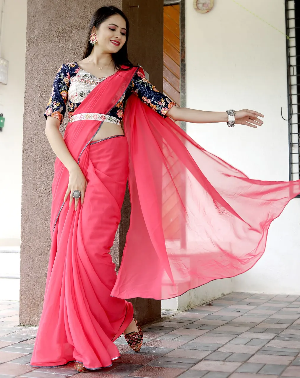 Glamourous Peach Color Saree With Stitched Blouse