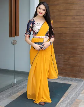 Glamourous Yellow Color Saree With Stitched Blouse