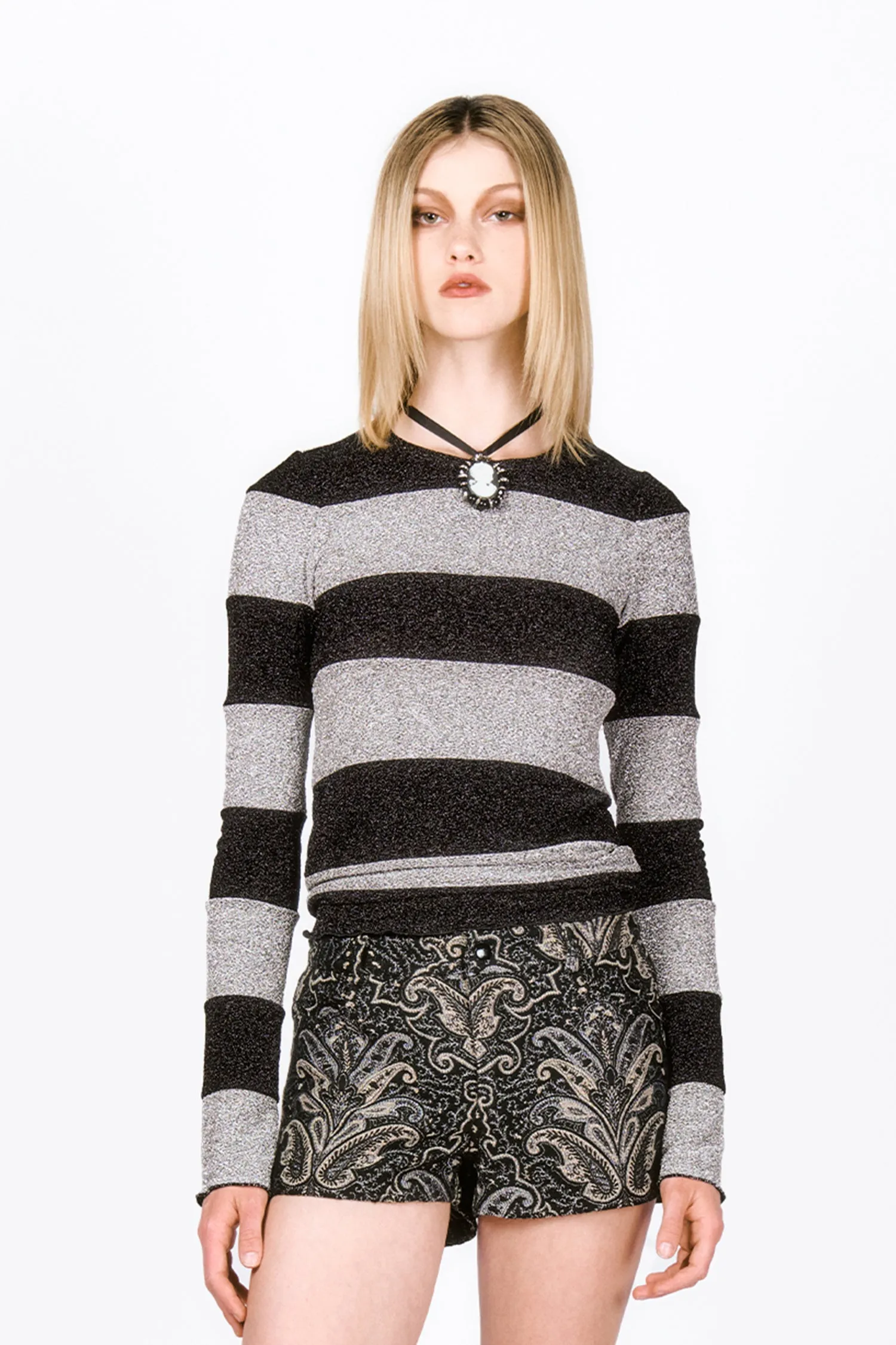 Glitter Knit Long Sleeve Striped Top- Black