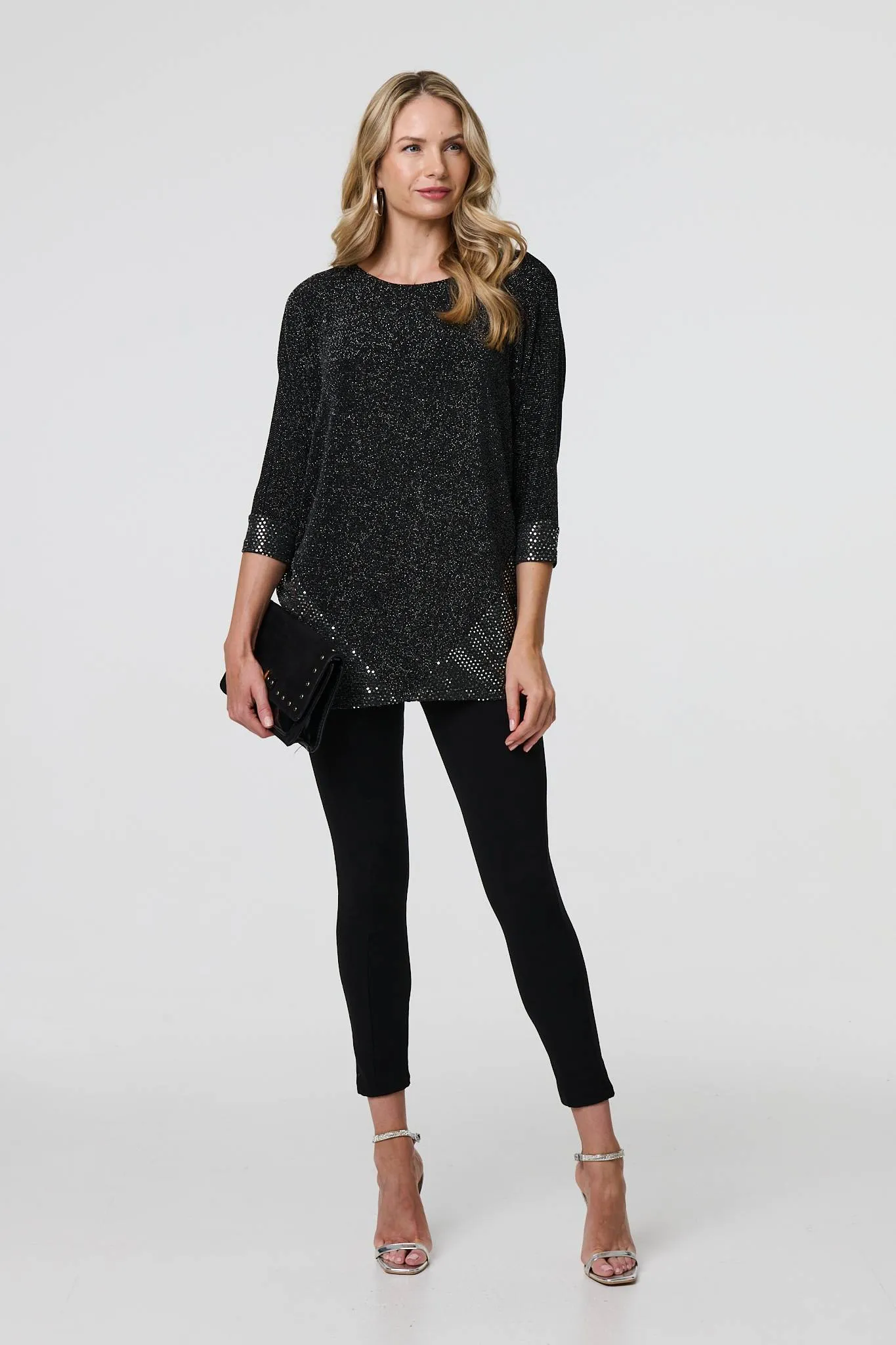 Glittery Metallic Trim 3/4 Sleeve Tunic