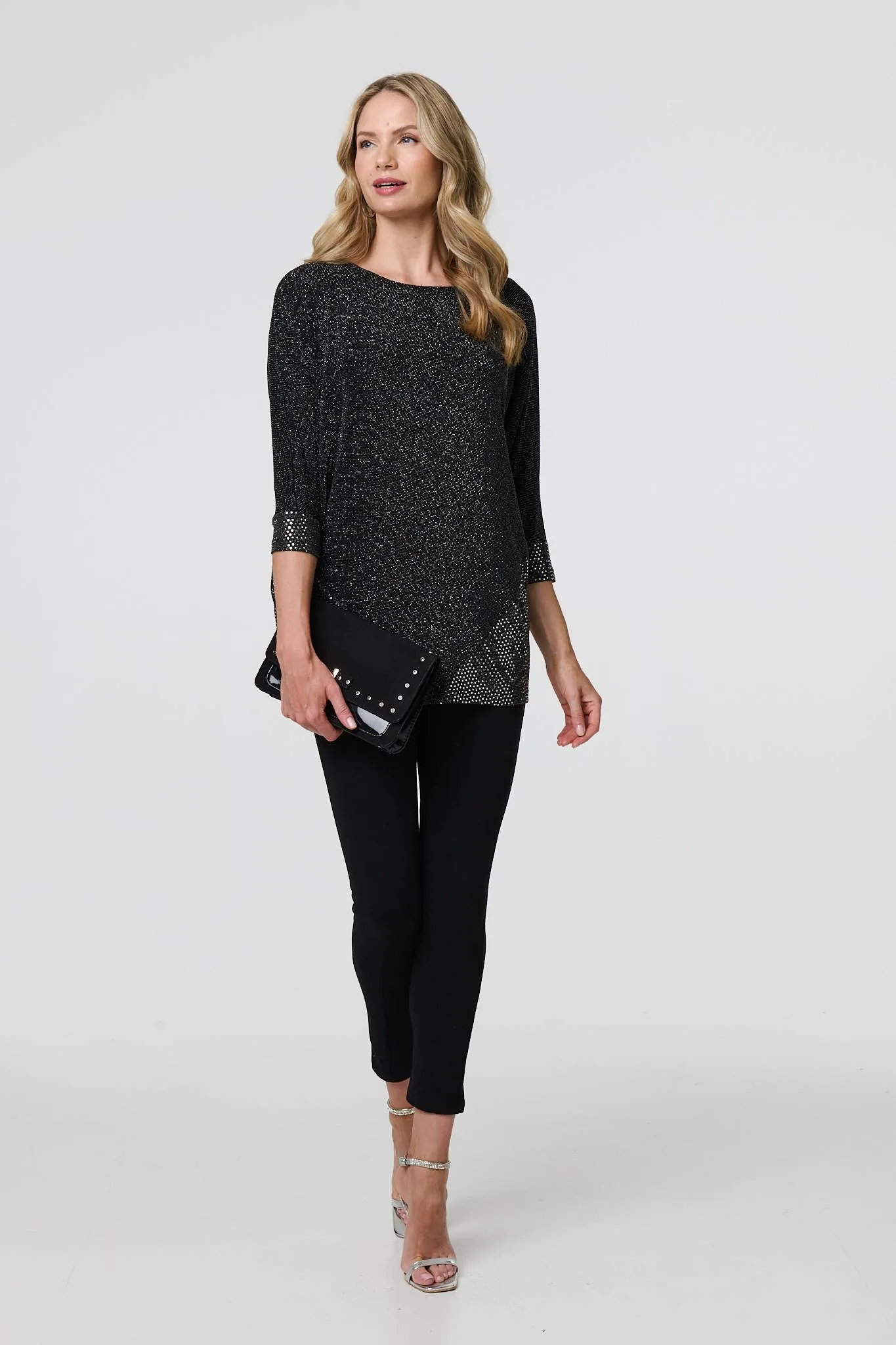 Glittery Metallic Trim 3/4 Sleeve Tunic