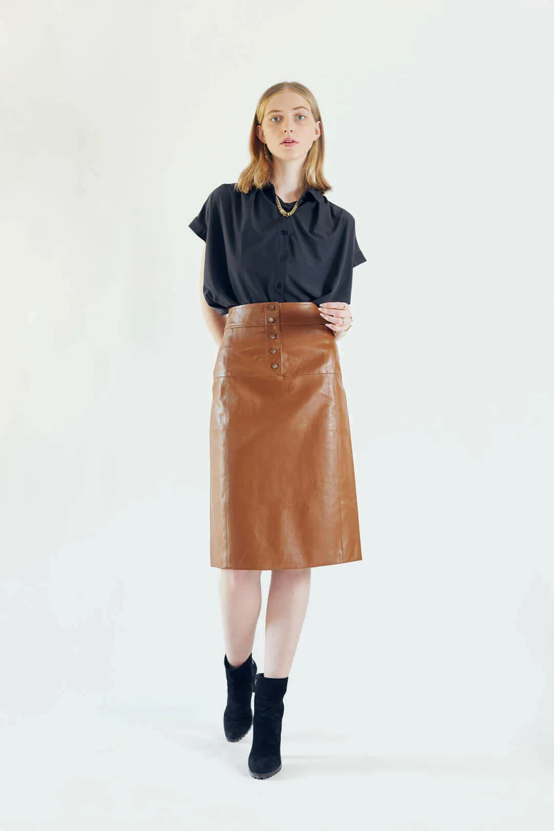 Glossy Brown Vegan Leather Pencil Skirt