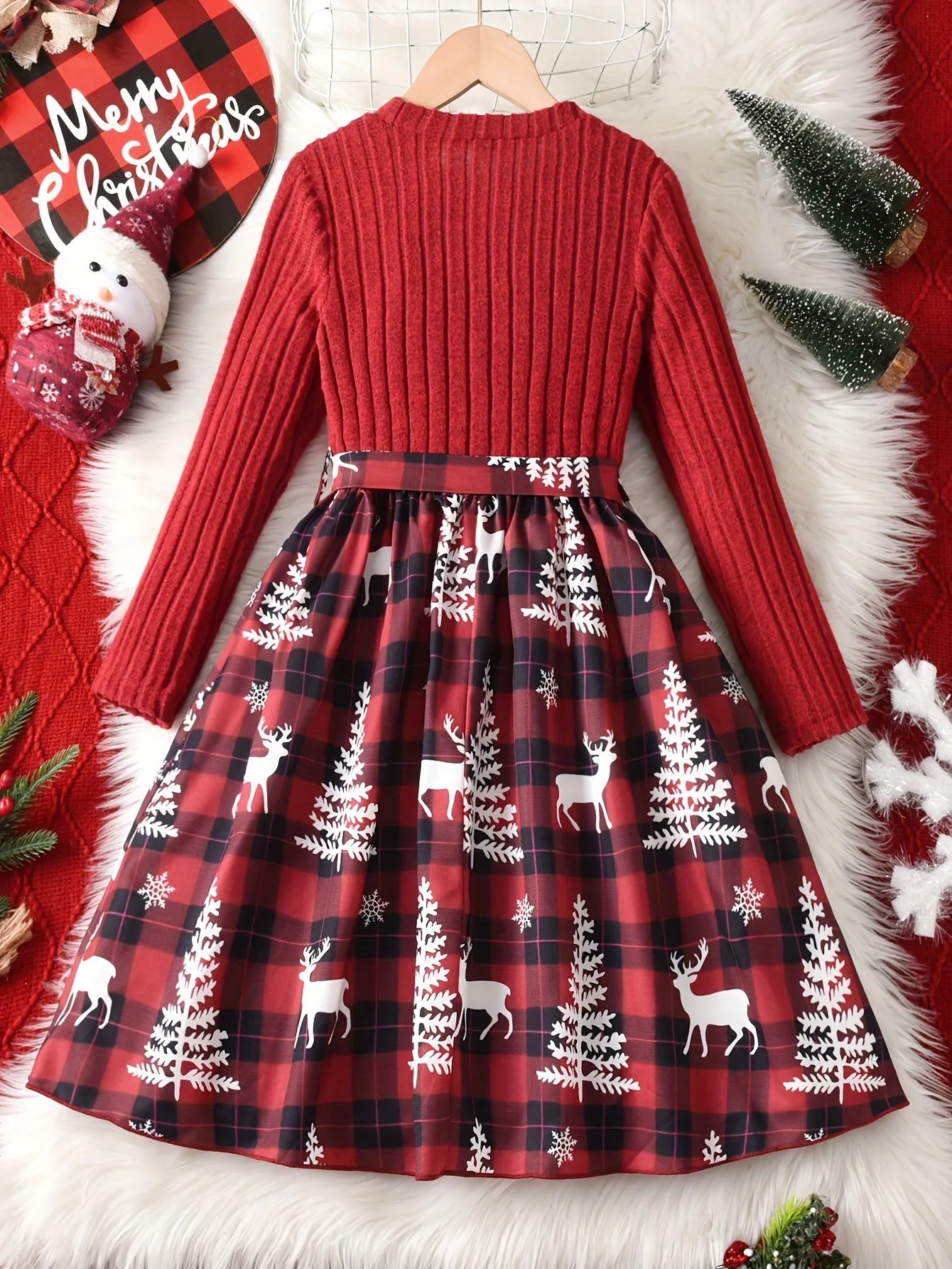 GOKISTOTR Girls' Christmas Dress, Elegant Fashion, Long Sleeve, Polyester, Round Neck, Mid-Length, A-Line, Ribbon Waist, No Padding, Festive Plaid & Reindeer Print, Party Style, Youth Size