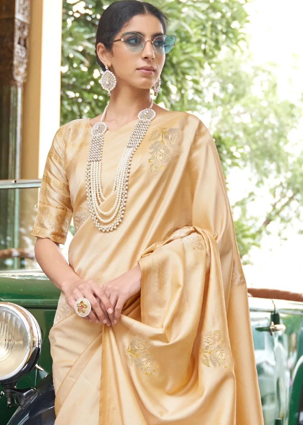 Golden Zari Butta Banarasi-Chanderi Fusion Silk Saree