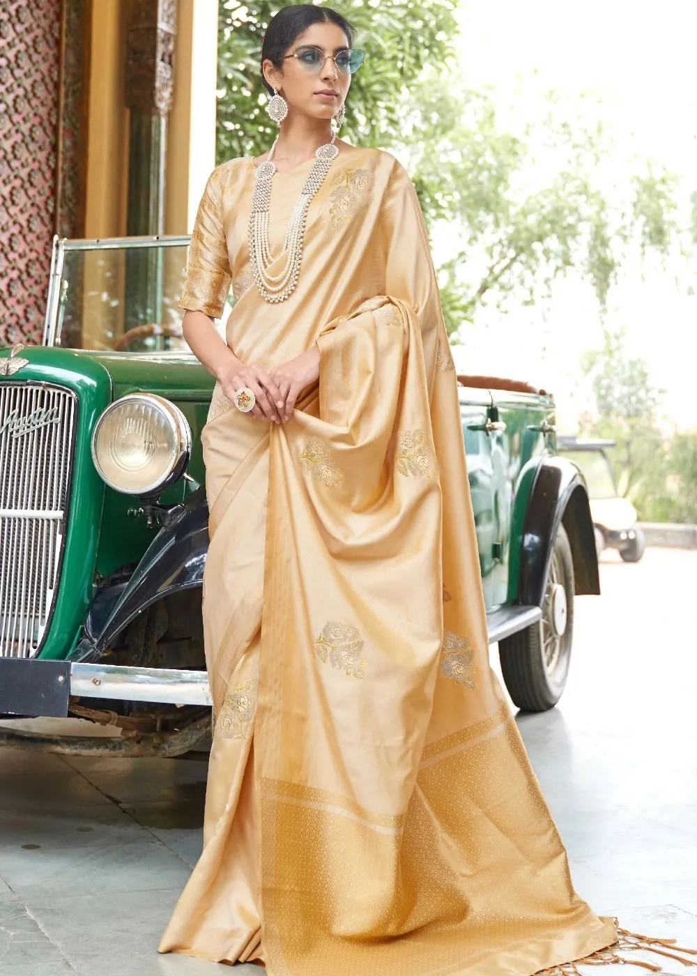 Golden Zari Butta Banarasi-Chanderi Fusion Silk Saree