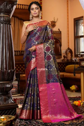 Gorgeous Navy Blue Organza Silk Saree With Wonderful Amazing Piece