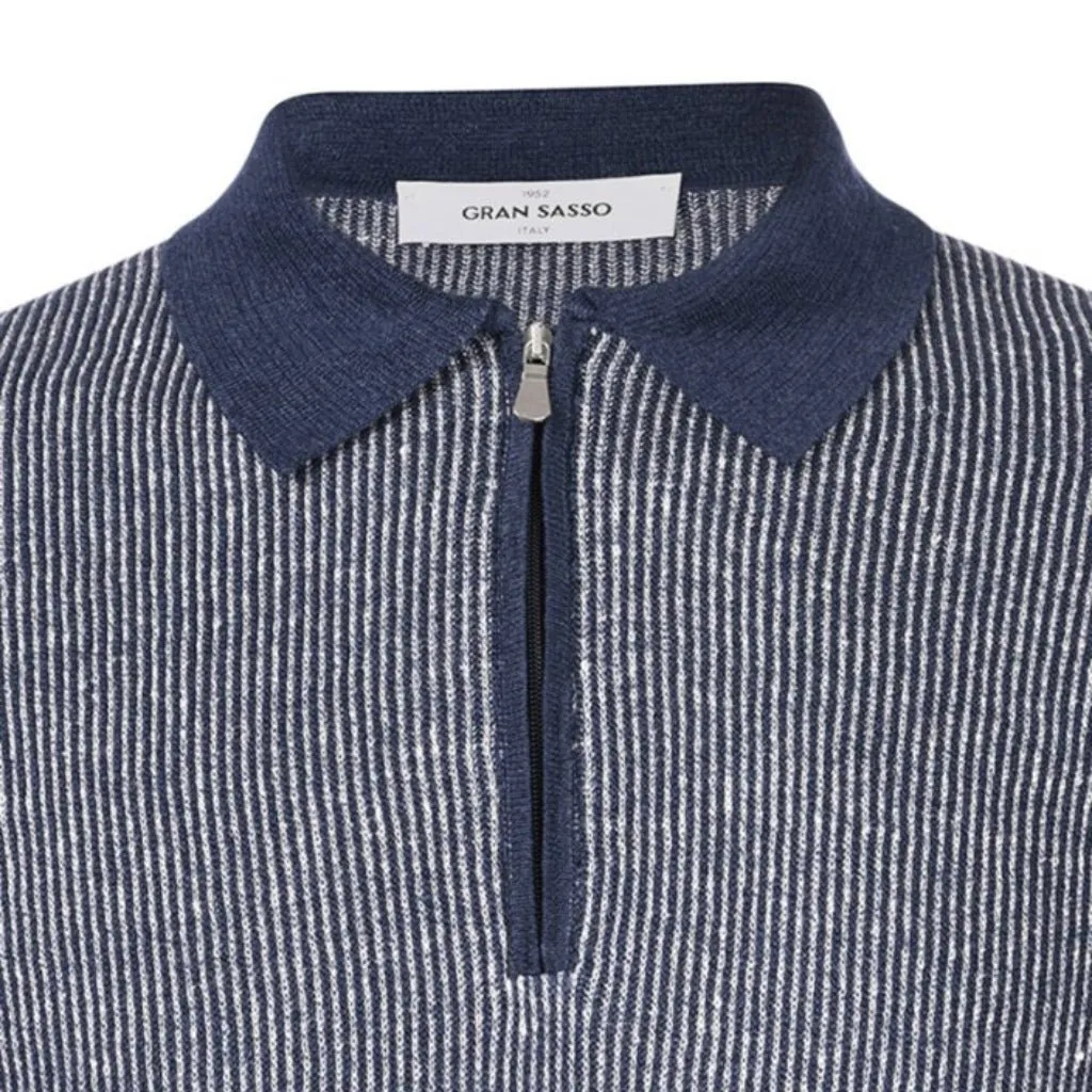 GRAN SASSO 2-Tone Cotton/Linen Stripe Polo NAVY