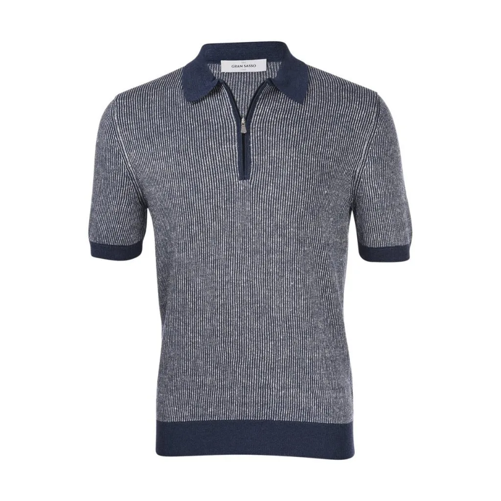 GRAN SASSO 2-Tone Cotton/Linen Stripe Polo NAVY