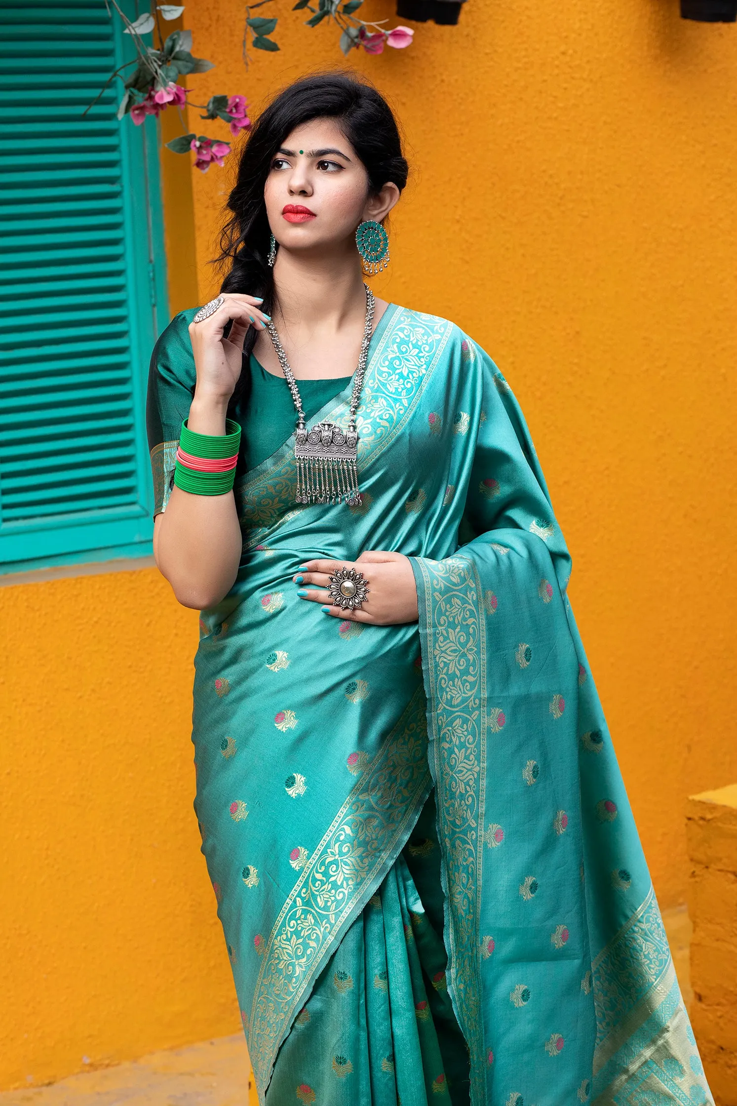 Green Golden Banarasi Silk Festival Wear Saree With Blouse