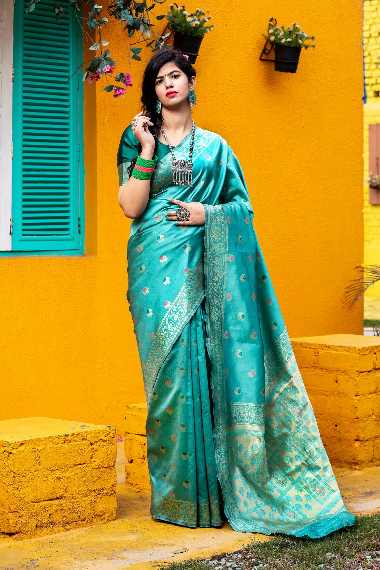 Green Golden Banarasi Silk Festival Wear Saree With Blouse