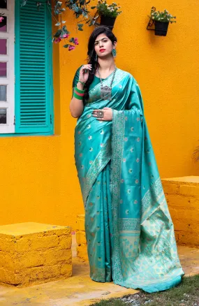 Green Golden Banarasi Silk Festival Wear Saree With Blouse