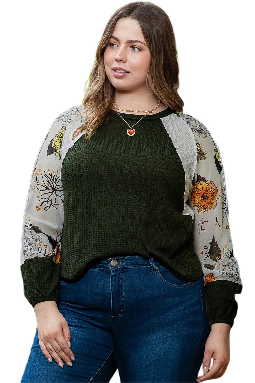 Green Plus Size Floral Raglan Sleeve Patchwork Knit Top