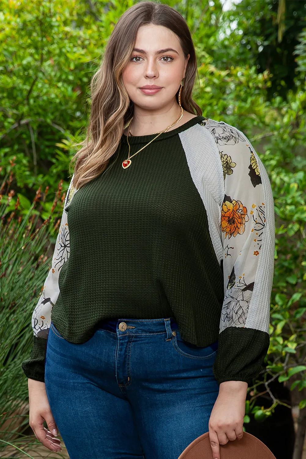 Green Plus Size Floral Raglan Sleeve Patchwork Knit Top