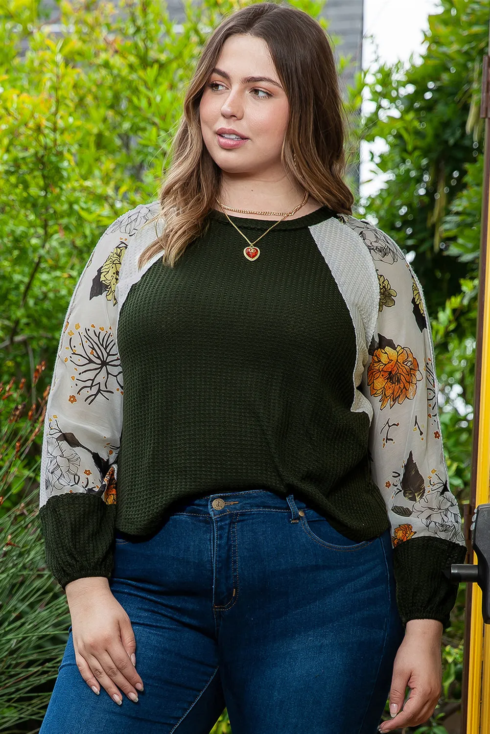 Green Plus Size Floral Raglan Sleeve Patchwork Knit Top