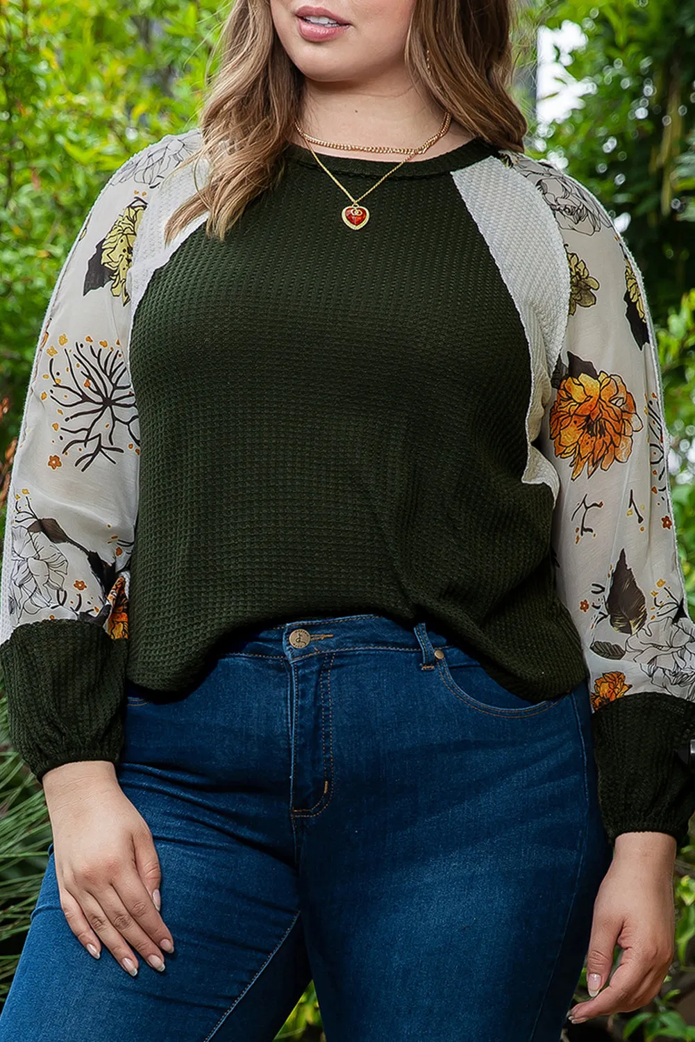 Green Plus Size Floral Raglan Sleeve Patchwork Knit Top