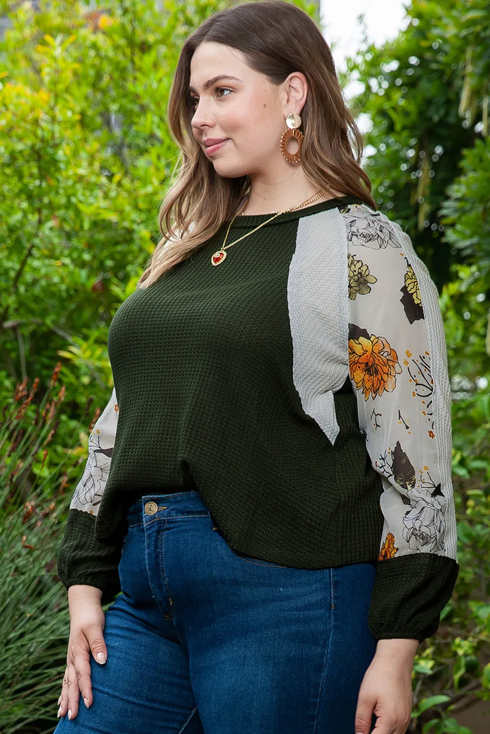 Green Plus Size Floral Raglan Sleeve Patchwork Knit Top