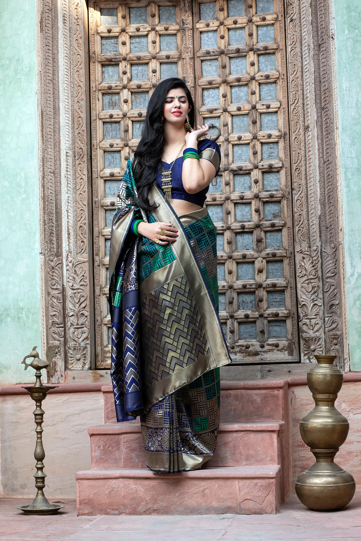 Green Weaving Banarasi Silk Festival Wear Saree