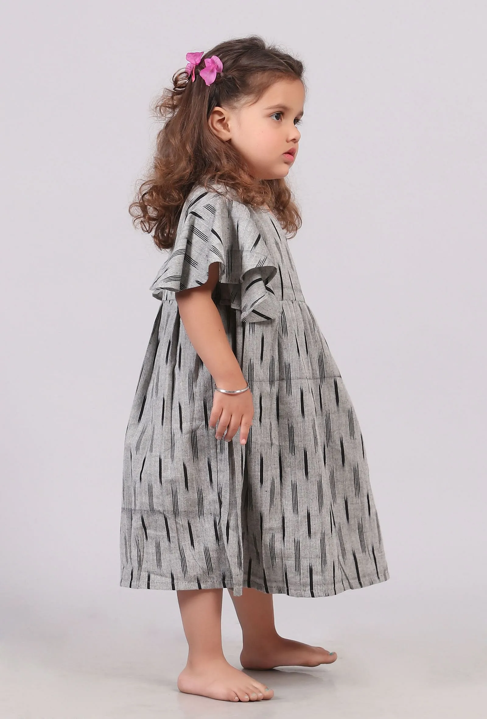 Grey and Black Ikat Wrap Flared Dress