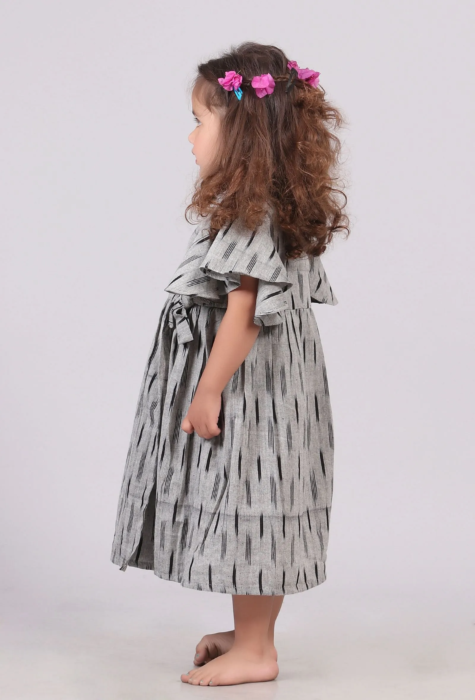 Grey and Black Ikat Wrap Flared Dress