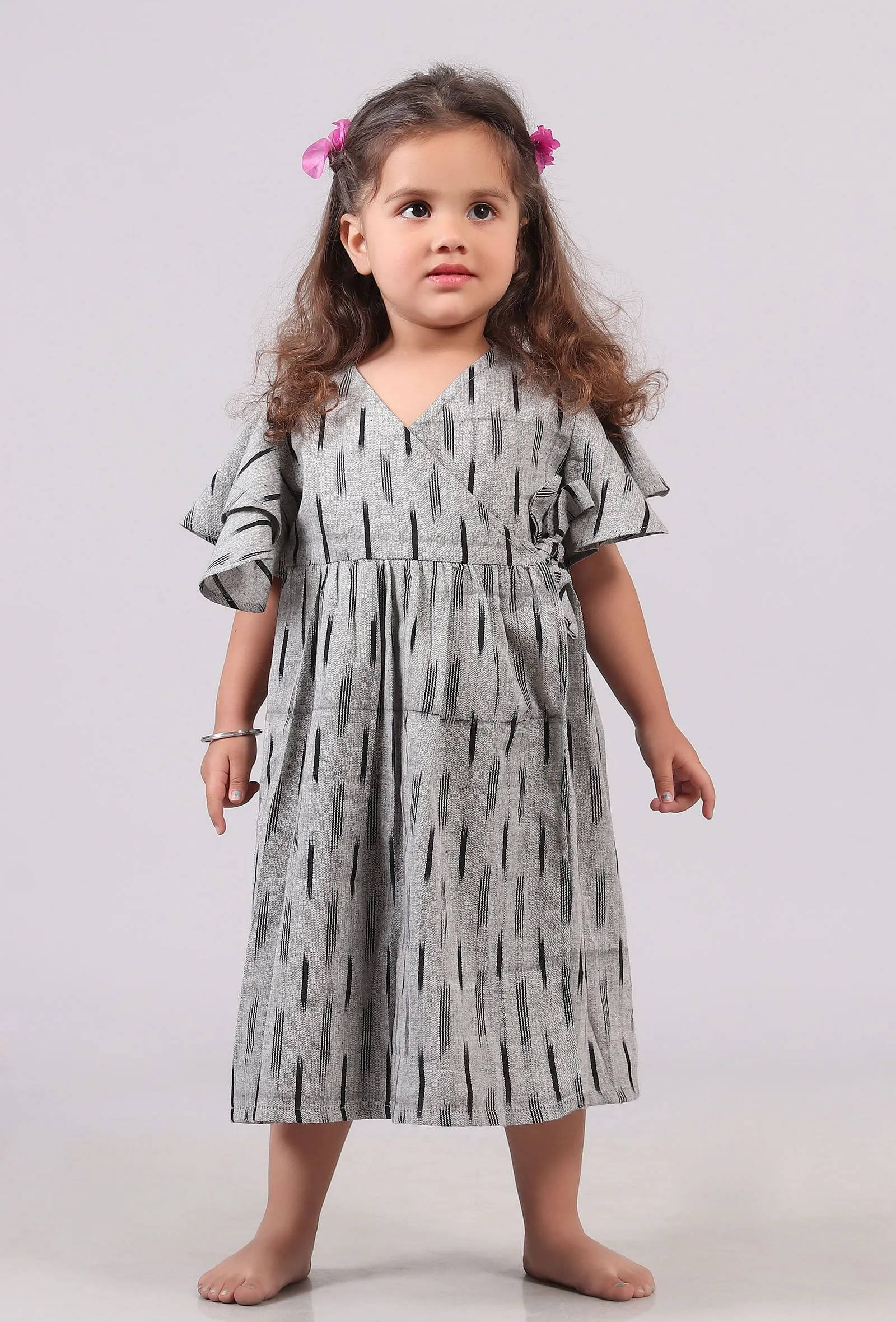 Grey and Black Ikat Wrap Flared Dress