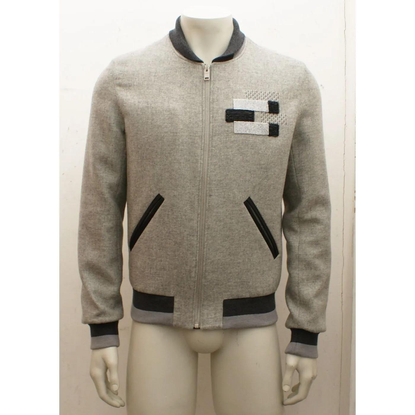 Grey Wool Bomber Jacket With Abstract Motif