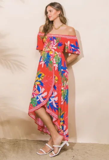 Hi Low Faux Wrap Floral Midi Dress