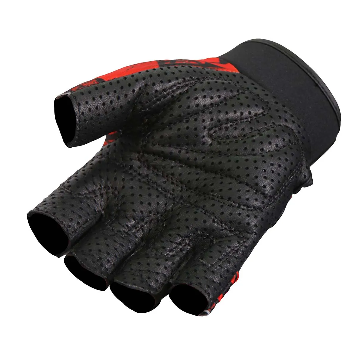 Hot Leathers GVM3010 Uni-Sex Black 'Red Skull' Fingerless Leather Gloves